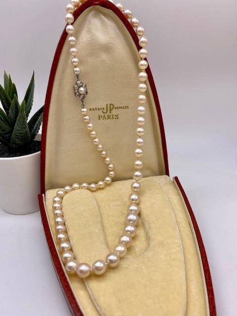 Collier perles de culture eau de mer fermoir platine et diamants occasion Or Ligne La Teste Bassin d'Arcachon